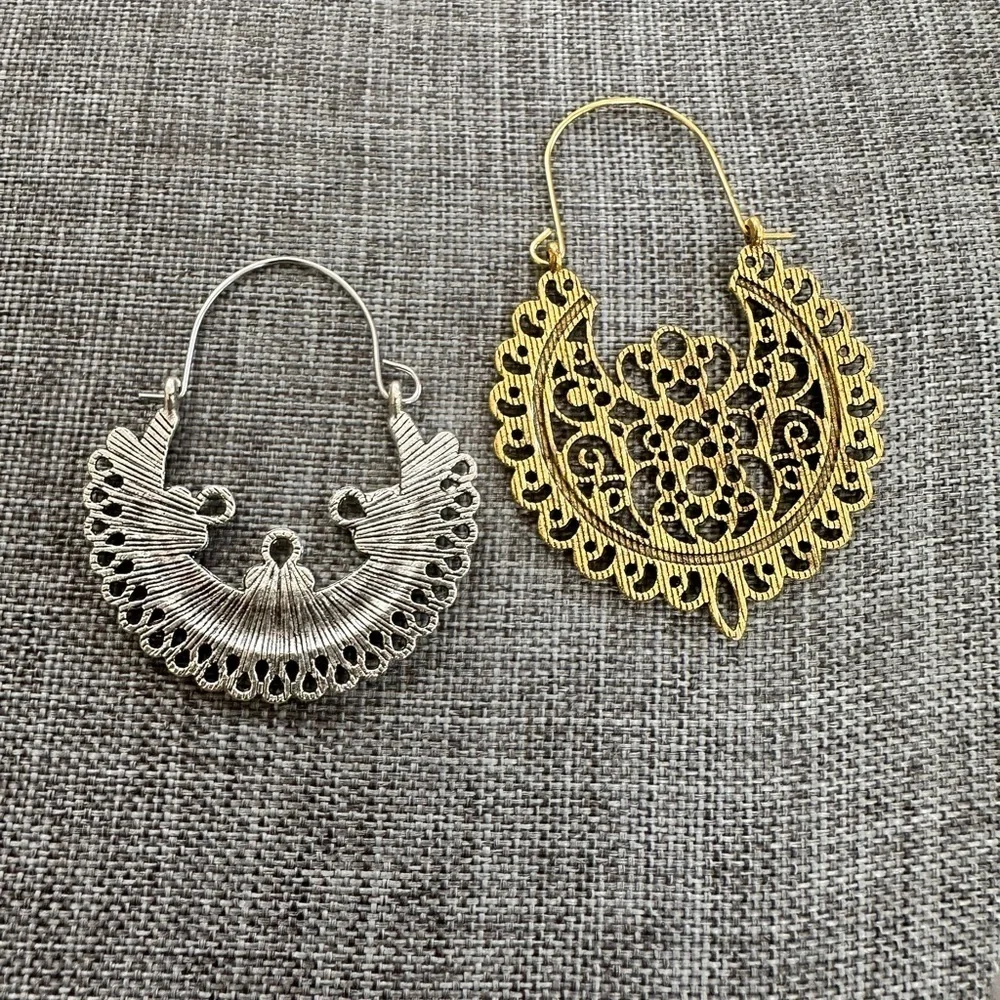 Gold Silver Tone Filigree Drop Earrings 2 Pairs 20 Earrings NEW Chunky Statement - Picture 6 of 9